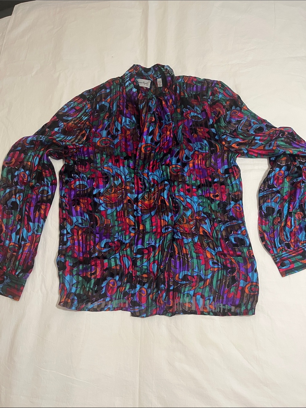 Adrianna Papell Vintage Multicolor Abstract Pleated Blouse 💯 Silk.